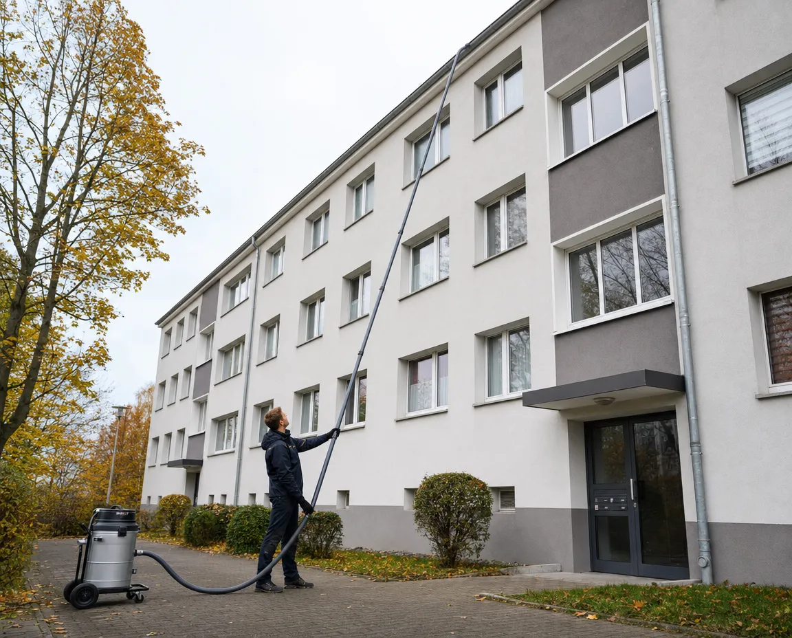 SkyVac-Techniker reinigt vom Boden aus die Dachrinne eines mehrstöckigen Wohngebäudes