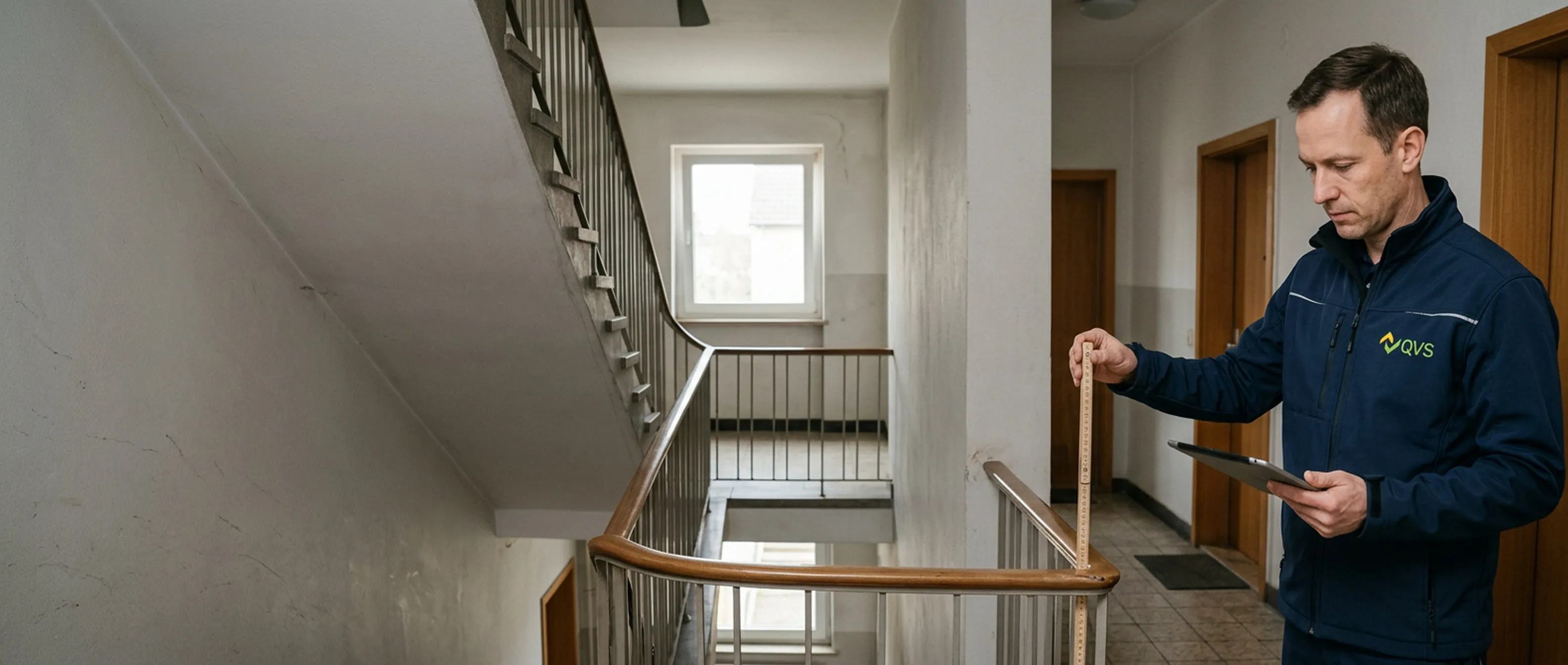 Prüfer bei der Verkehrssicherheitsbegehung im Treppenhaus einer Wohnanlage